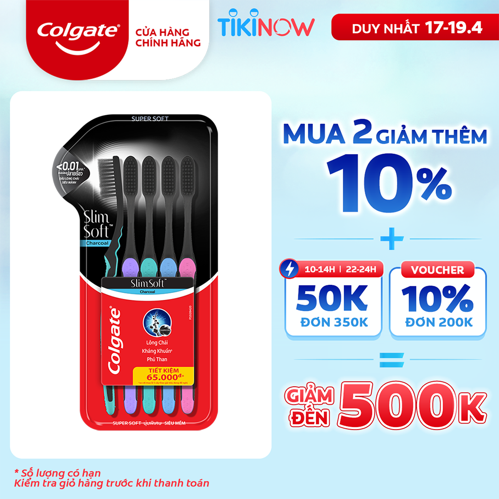 Bộ 5 Bàn chải đánh răng Colgate than hoạt tính kháng khuẩn SlimSoft Charcoal mềm mảnh