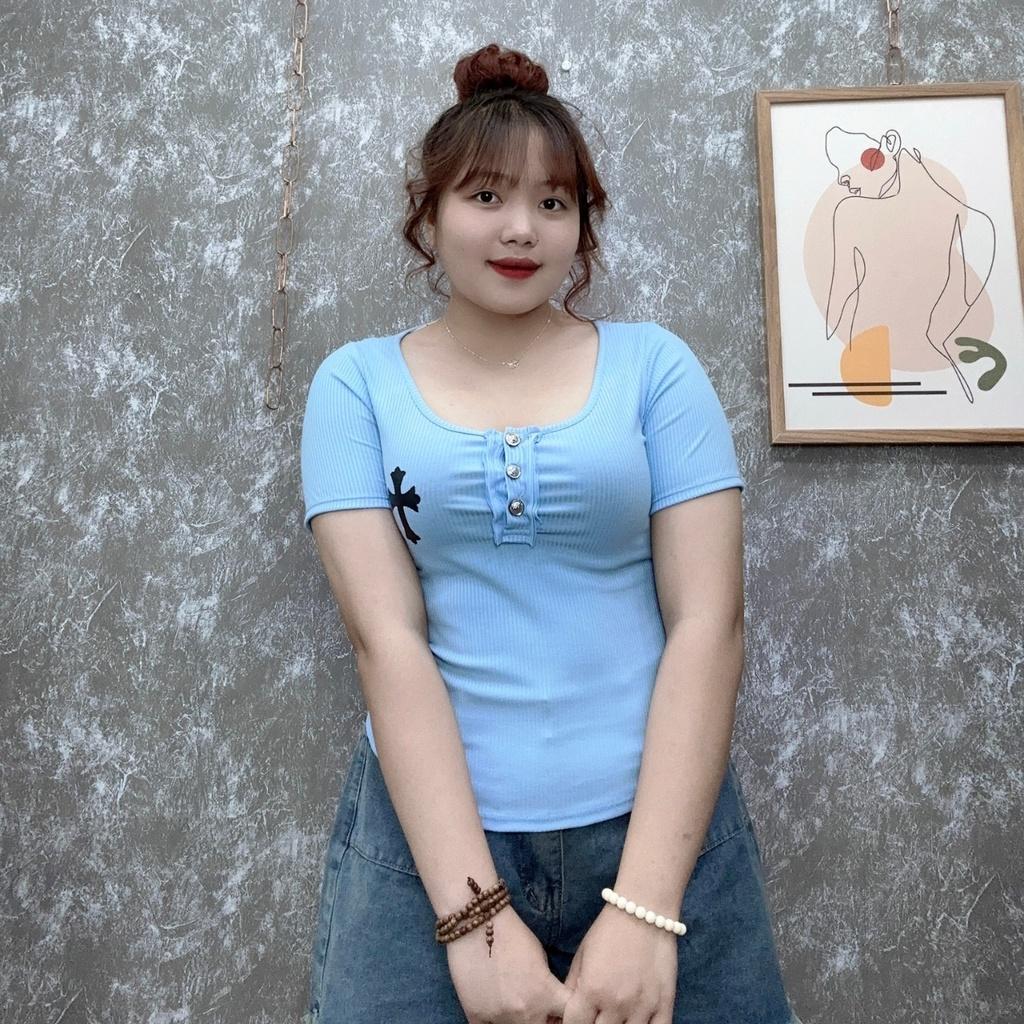 Áo croptop bigsize nữ tay ngắn trụ cổ may cách điệu bèo, Áo thun bigsize ngoại cỡ form rộng 58-95kg- G112