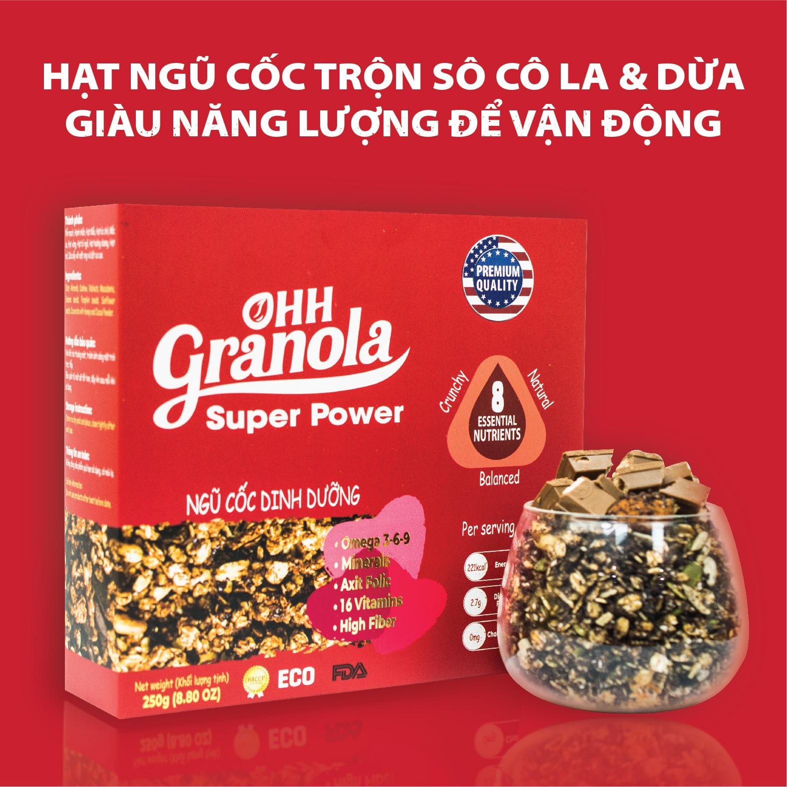 Phối trộn Chocolate đen và Coconut, dòng Super Power - Ohh Granola, Tiêu Chuẩn FDA Hoa Kỳ, Hộp 250g
