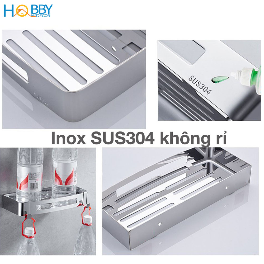 Kệ chữ nhật để đồ phòng tắm khoan tường inox 304 Hobby Home Decor KCN2 mẫu dày không rỉ sét