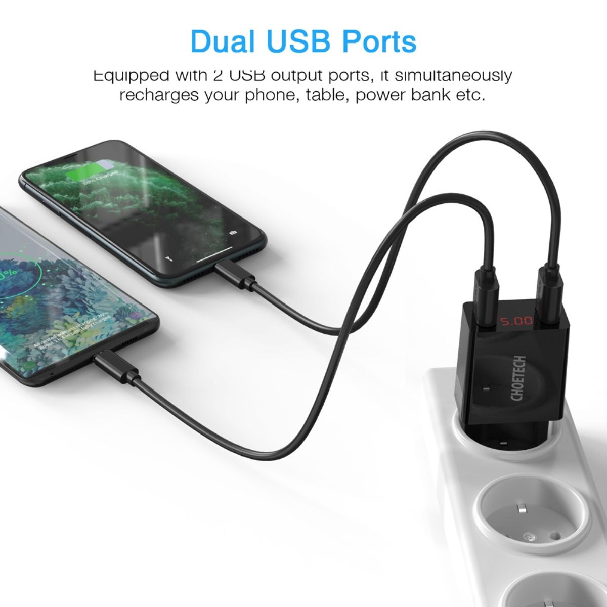 Củ sạc Choetech C0028 2 cổng USB-A có màn hình hiển thị điện áp  (Hàng chính hãng)