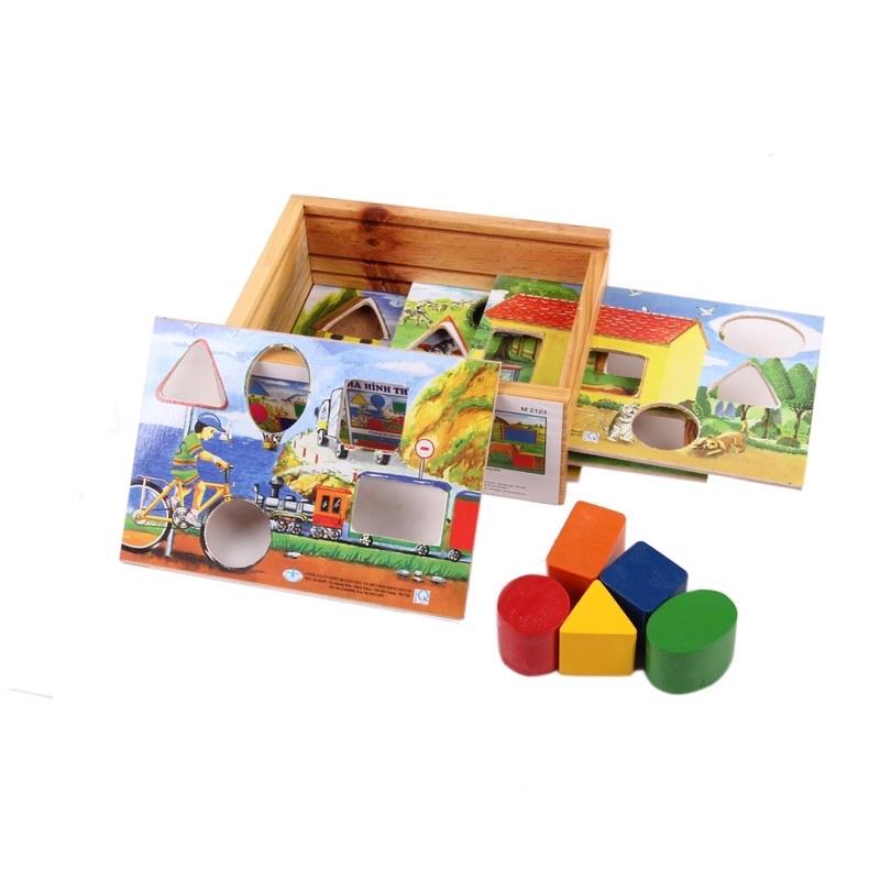 Đồ chơi thả hình khối theo tranh gỗ việt nam, đồ chơi thả hình học khối thông minh cho bé