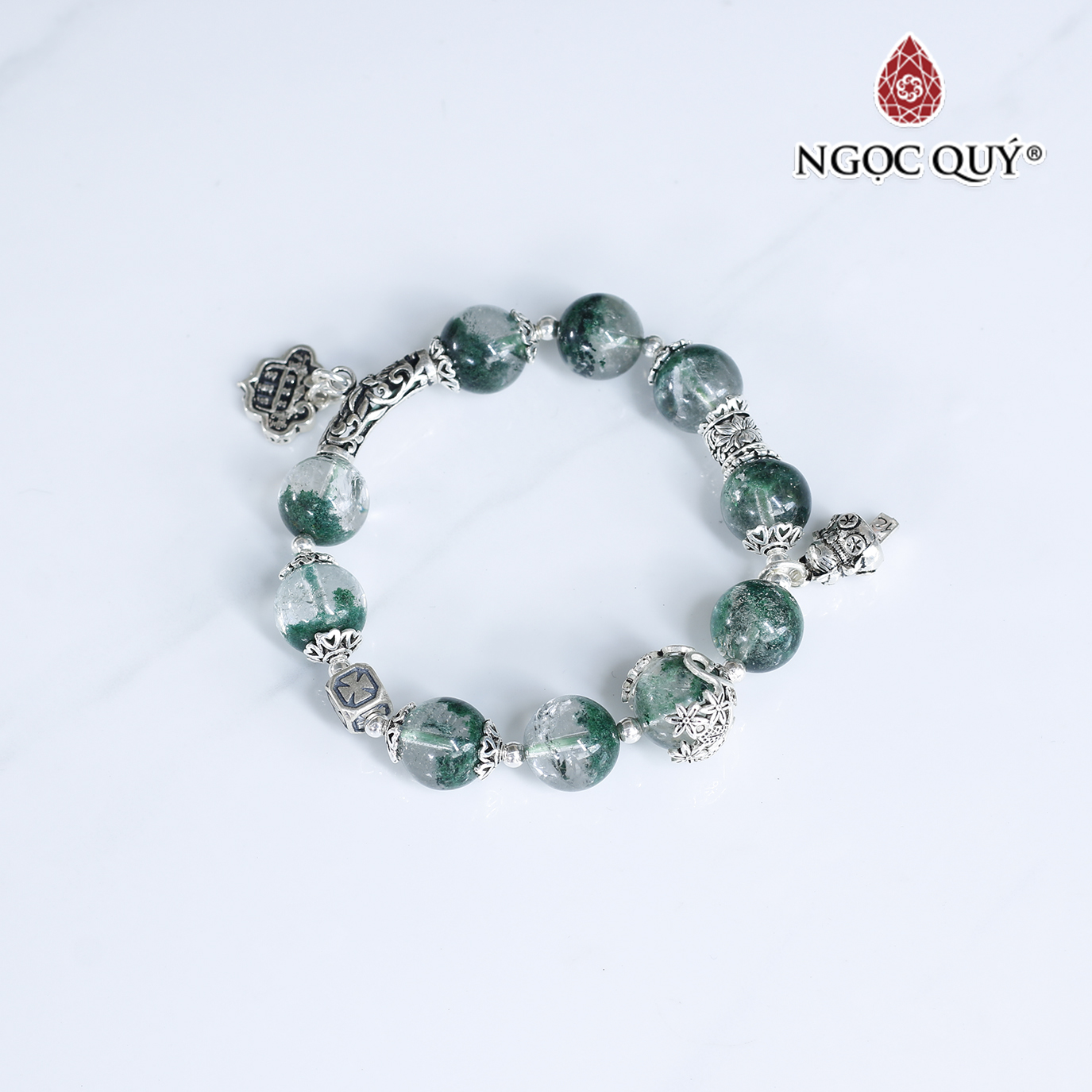 Vòng tay đá thạch anh ưu linh xanh phối charm bạc hạt 11mm mệnh hỏa, mộc - Ngọc Quý Gemstones