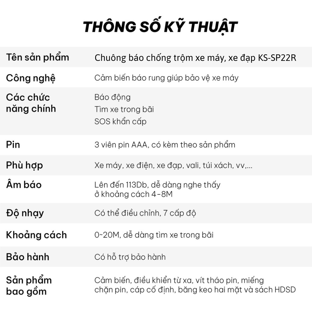 Chuông báo động chống trộm xe máy, xe đạp thông minh CTFAST KS-SP22R, cảm biến rung còi báo to, tích hợp điều khiển từ xa hỗ trợ tìm xe trong bãi xe, phát tín hiệu SOS khi gặp sự cố, chống nước IP65 - Hàng loại 1