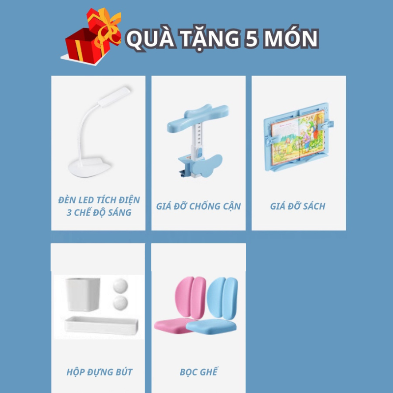 Bộ bàn ghế học sinh tiểu học E01 thông minh tăng giảm chiều cao, ghế đệm êm ái và tựa lưng 2 cánh