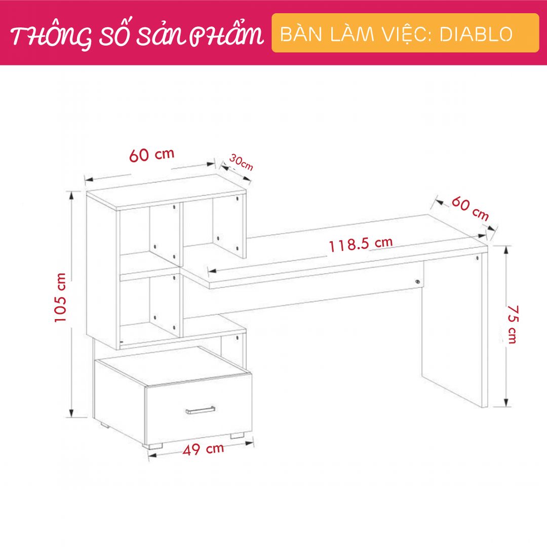 Bàn làm việc, bàn học gỗ hiện đại SMLIFE Diablo | Gỗ MDF dày 17mm chống ẩm | D148.5xR60xC105cm