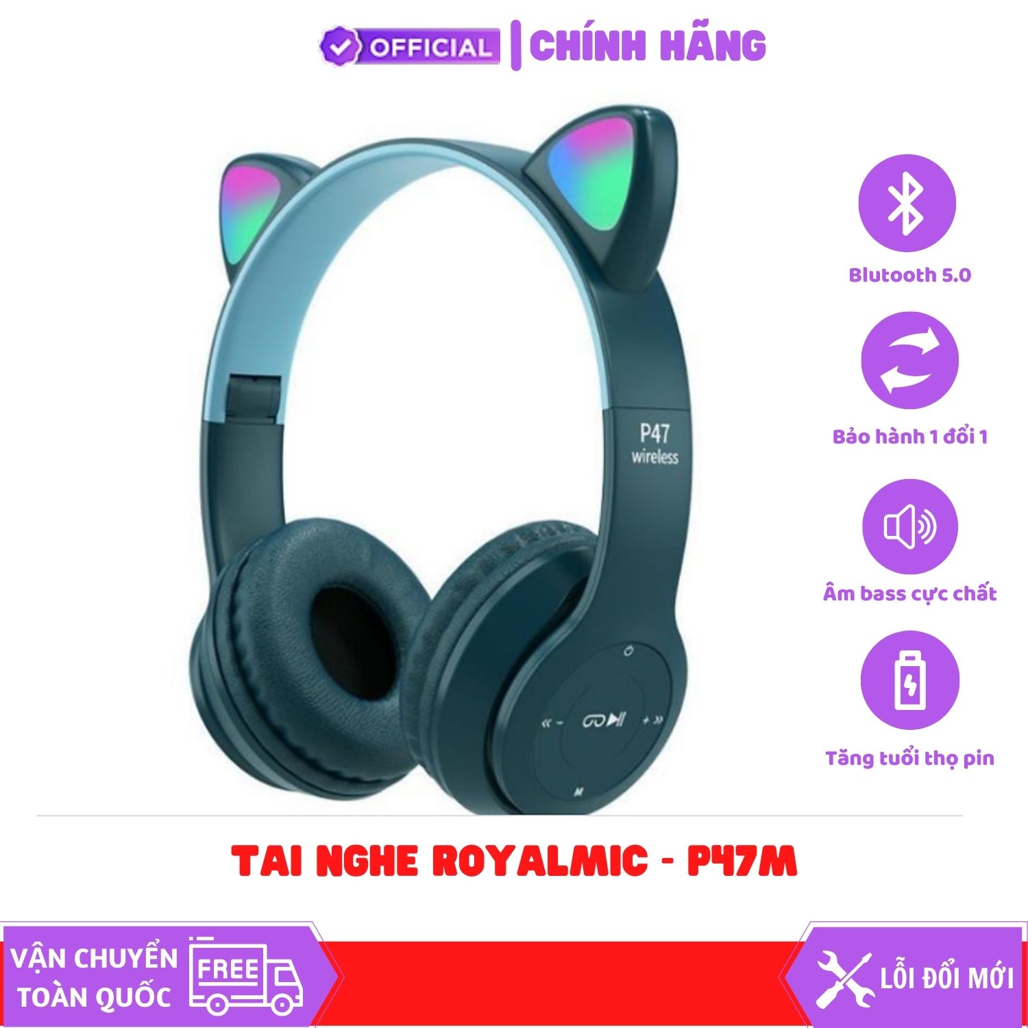 Tai Nghe Mèo Bluetooth ROYALMIC P47M Chụp Tai, Tai Mèo Dễ Thương Có Mic, Âm Bass Mạnh Mẽ - Hàng Chính Hãng