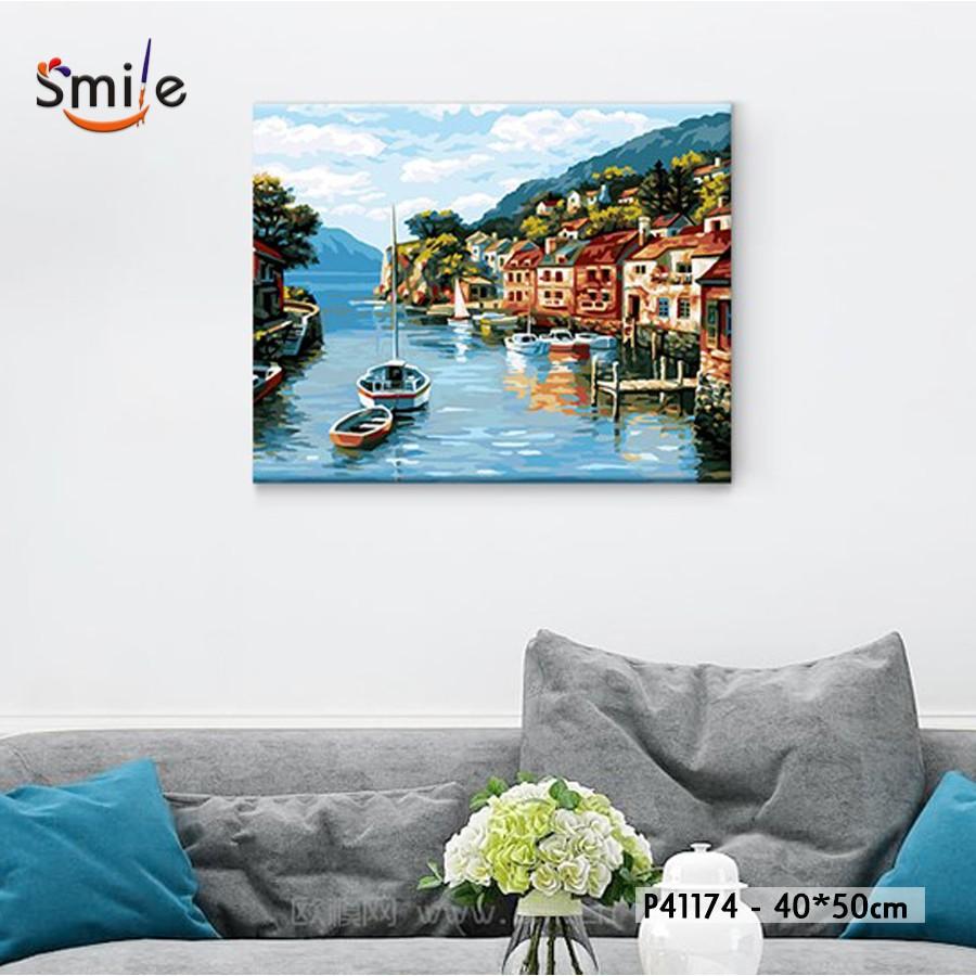 Tranh số hóa cao cấp tự tô màu theo số Smile cho người lớn ngôi làng bên bờ vịnh P41174