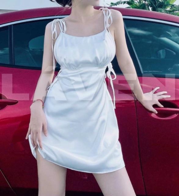 Đầm lụa satin 2 dây cột nơ vai, thắt nơ eo có mút ngực cực sexy