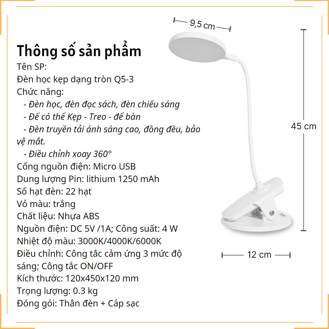 Đèn học Kẹp Sạc Pin 3 màu ánh sáng Làm mờ vô cấp Hình tròn