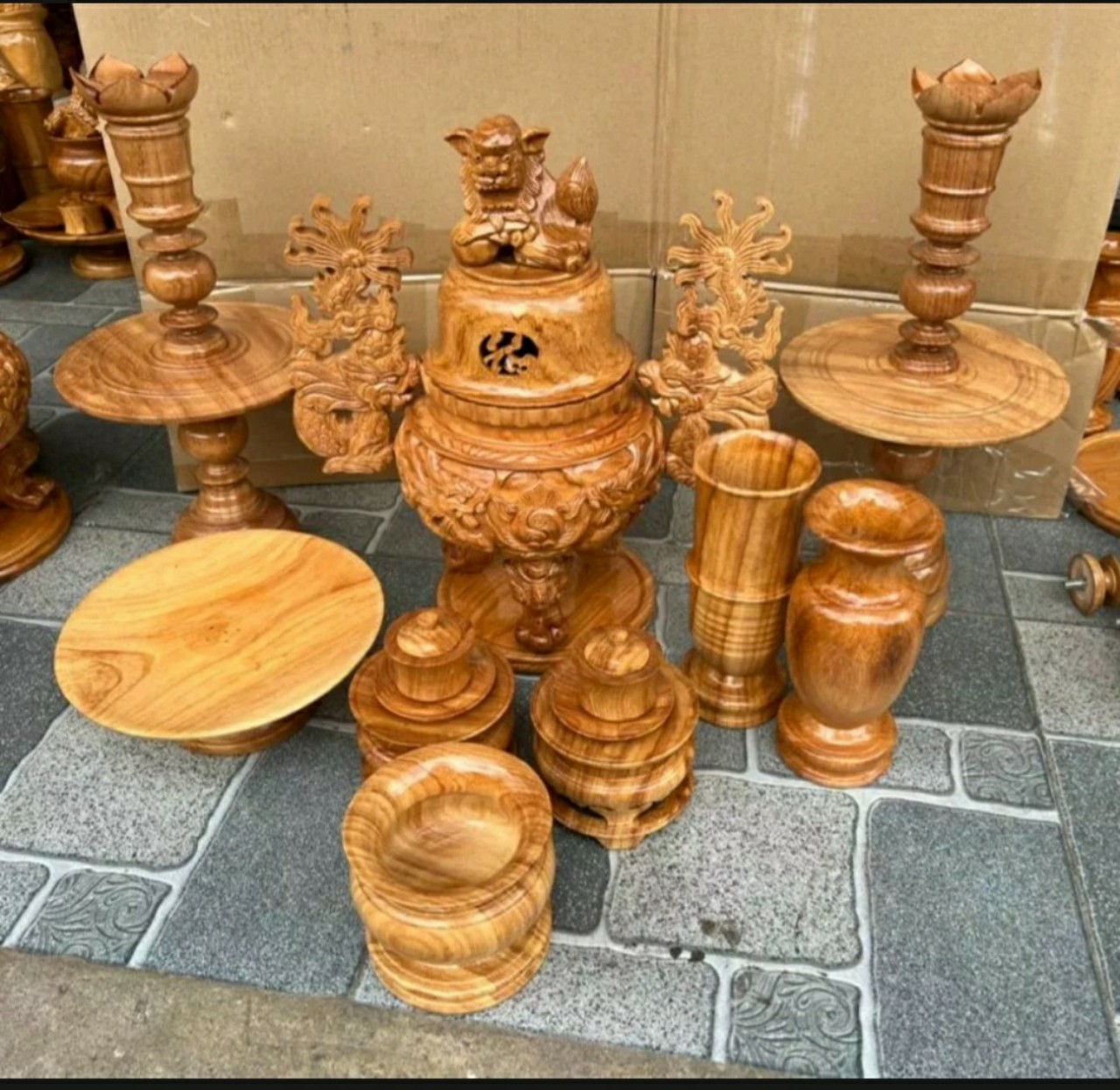 Bộ lư hương _Bộ lư thờ cúng 9 món gỗ gõ đỏ cao 50cm FREESHIP 50KM