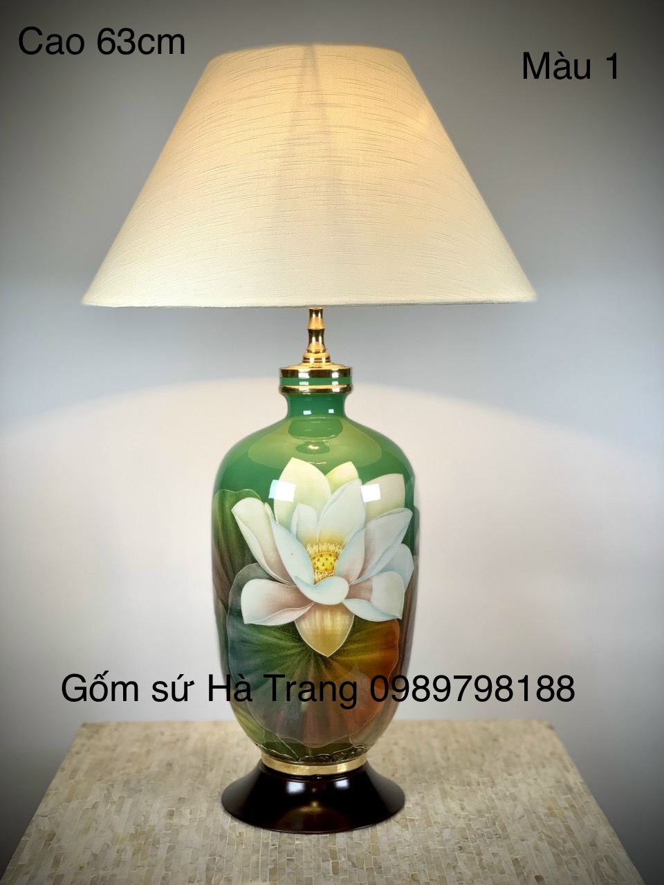 Đèn ngủ đèn decor gốm sứ Bát Tràng cao cấp vẽ 3D hoạ tiết sen phú quý
