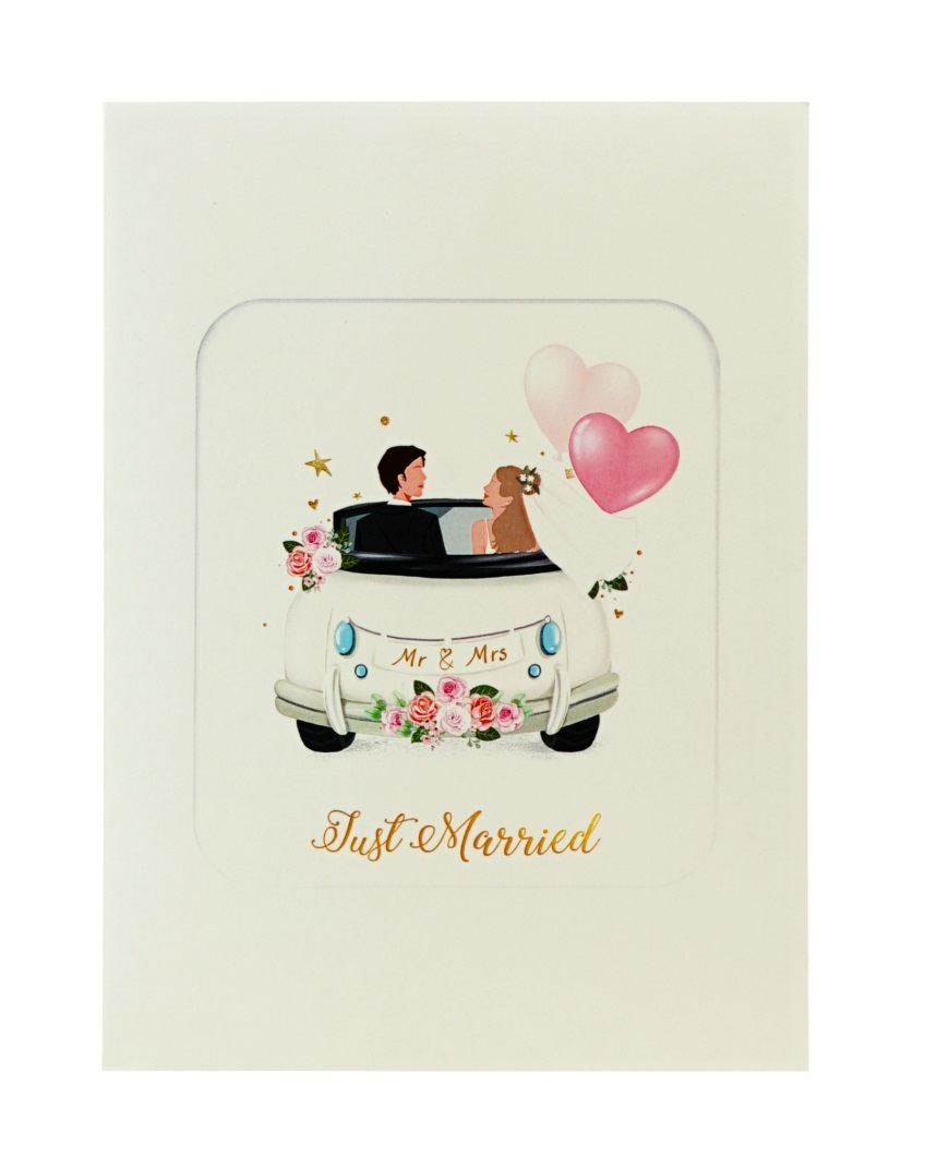 Thiệp 3D Pop Up Xe Cưới Trắng Just Married – Thiệp Chúc Mừng Đám Cưới, Wedding Card Sang Trọng