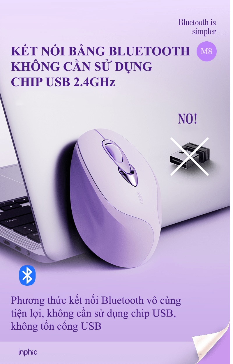 Chuột không dây INPHIC M8BT kết nối bằng Bluetooth thiết kế nhỏ gọn với màu tím Lavender cực đẹp dành cho các bạn nữ - HT