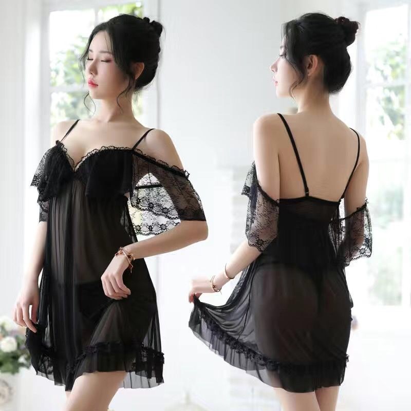 Hình ảnh Váy ngủ trễ vai xuyên thấu kèm quần lót lọt khe sexy Q53 - Đầm ngủ trễ vai xuyên thấu gợi cảm - váy ngủ