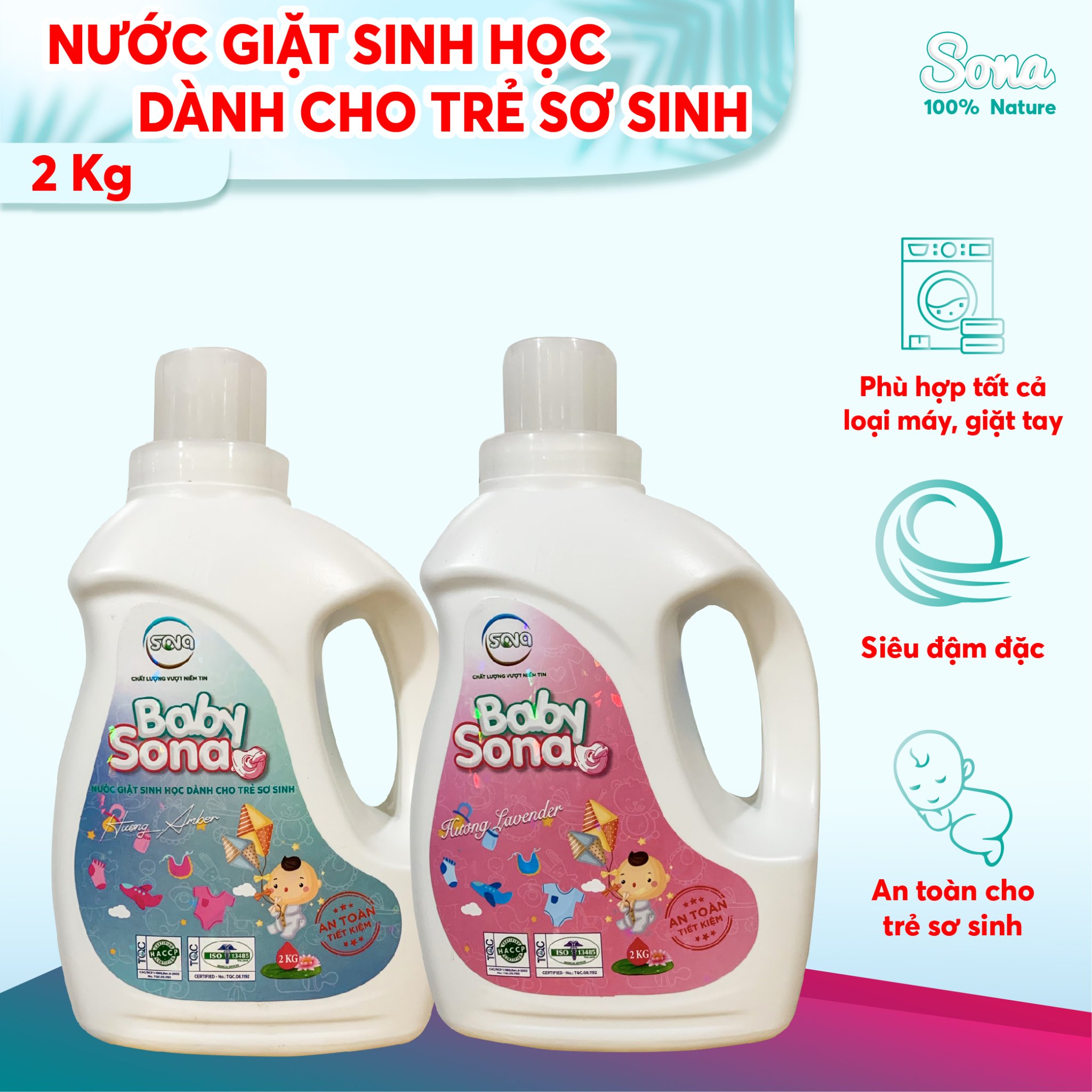 Nước giặt sinh học cho trẻ sơ sinh SONA baby 2kg, giặt xả quần áo 2 trong 1 mềm mại lưu hương