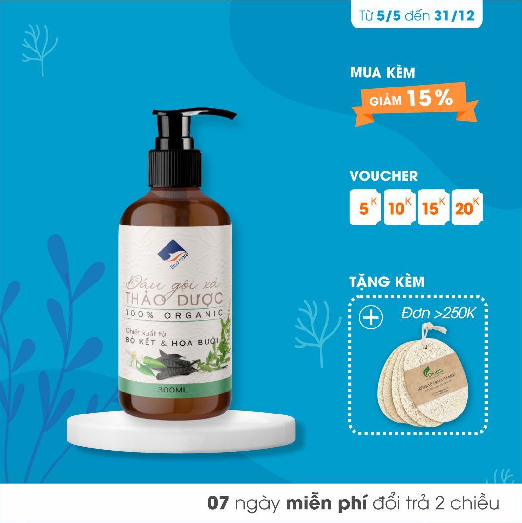 Dầu gội xả Thảo dược từ Tinh chất bồ kết và Hoa bưởi Ecocare - Giúp mái tóc sạch gàu, giảm rụng, hết nấm ngứa và luôn chắc khoẻ, mềm mại - Chai