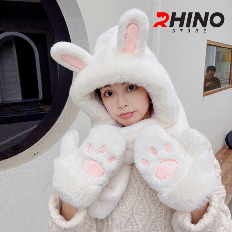 Mũ lông, mũ len kèm khăn quàng Rhino WS101 ấm áp, dễ thương hàng chính hãng