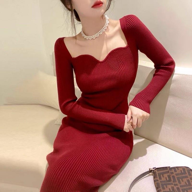 MS445 Váy len body dài tay cổ tim cách điệu quyến rũ