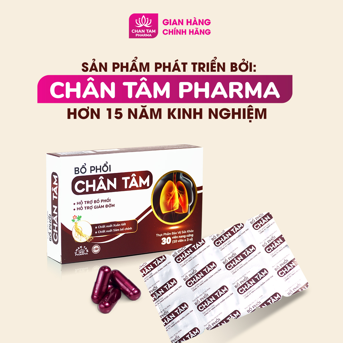 Viên uống bổ phổi Chân Tâm giảm ho, phục hồi chức năng phổi, tăng đề kháng hô hấp