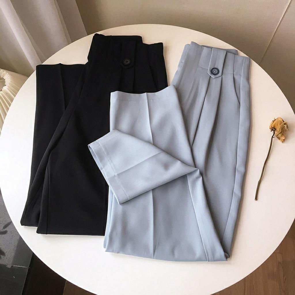 Quần tây nữ đẹp lưng cao hàn quốc cạp đai đính khuy quần baggy nữ đi học