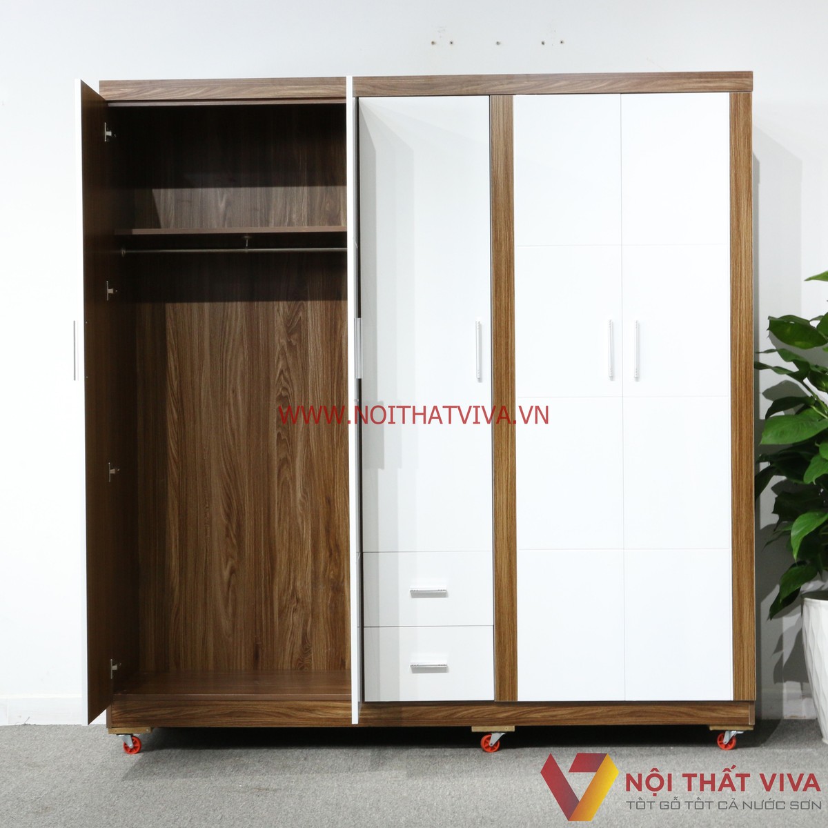 Tủ Áo 5 Cánh Gỗ MDF Melamine Màu Óc Chó Cánh Trắng Cao Cấp