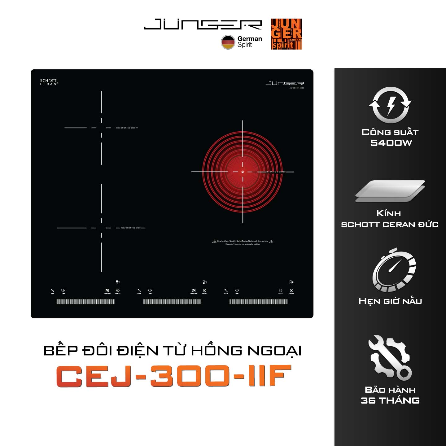 Hình ảnh Bếp ba điện 2 từ 1 hồng ngoại Junger CEJ-300-IIF | Công suất 5400W | Bảo hành 3 năm hàng chính hãng