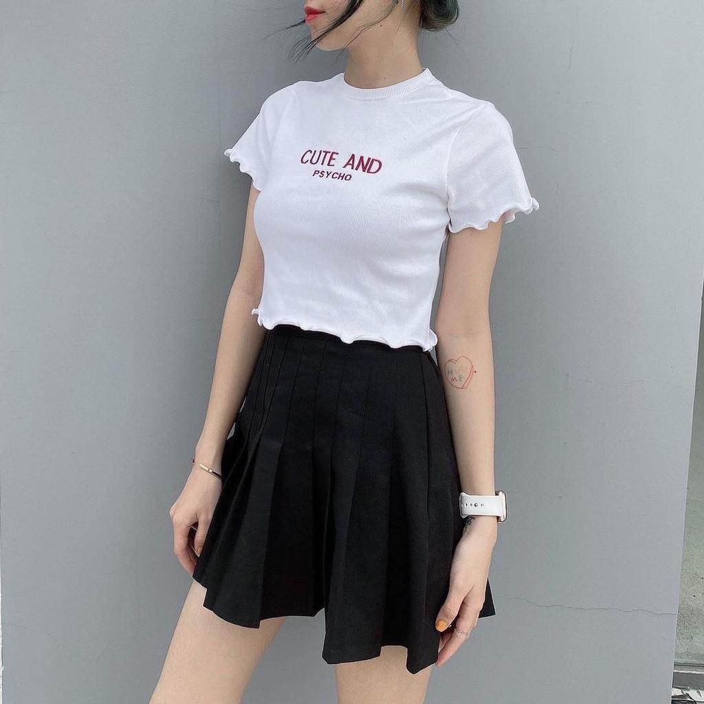 Áo croptop thun gân viền bèo Cute and psycho