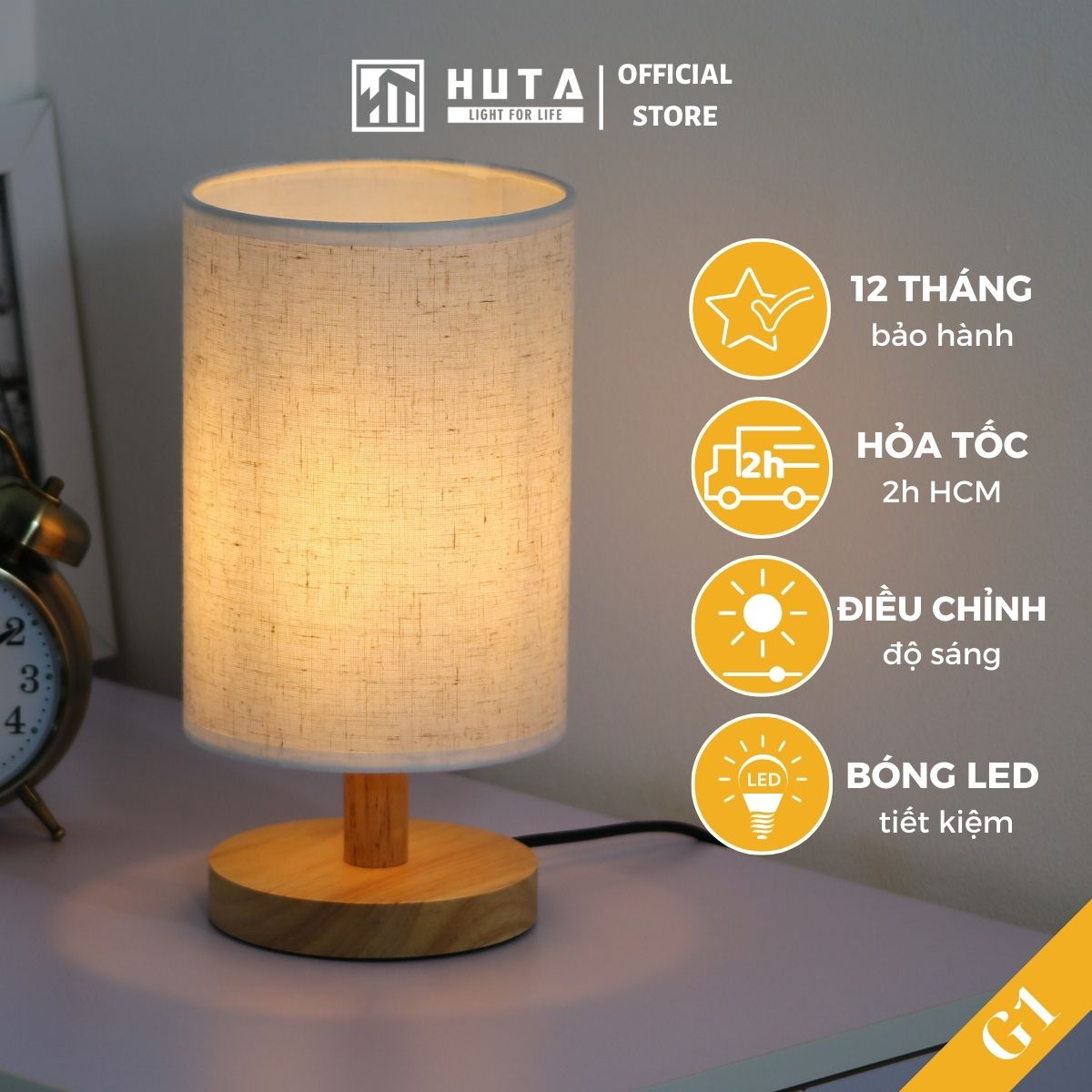 Đèn Ngủ Để Bàn Gỗ HUTA G1 Chao Tròn Vintage Dễ Thương, Decor Trang Trí Phòng Ngủ, Đọc Sách Đầu Giường, Điều Chỉnh Độ Sáng, Bóng Led Sáng Vàng Tiết Kiệm Điện