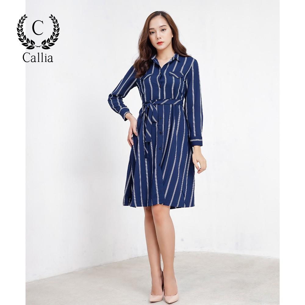 Đầm midi suông cổ sơ mi tay dài Callia