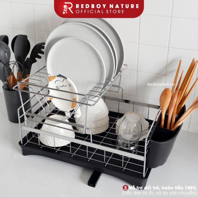 Kệ úp ráo nước chén dĩa inox 2 tầng chống rỉ sét TẶNG KÈM DAO CẮT TRÁI CÂY