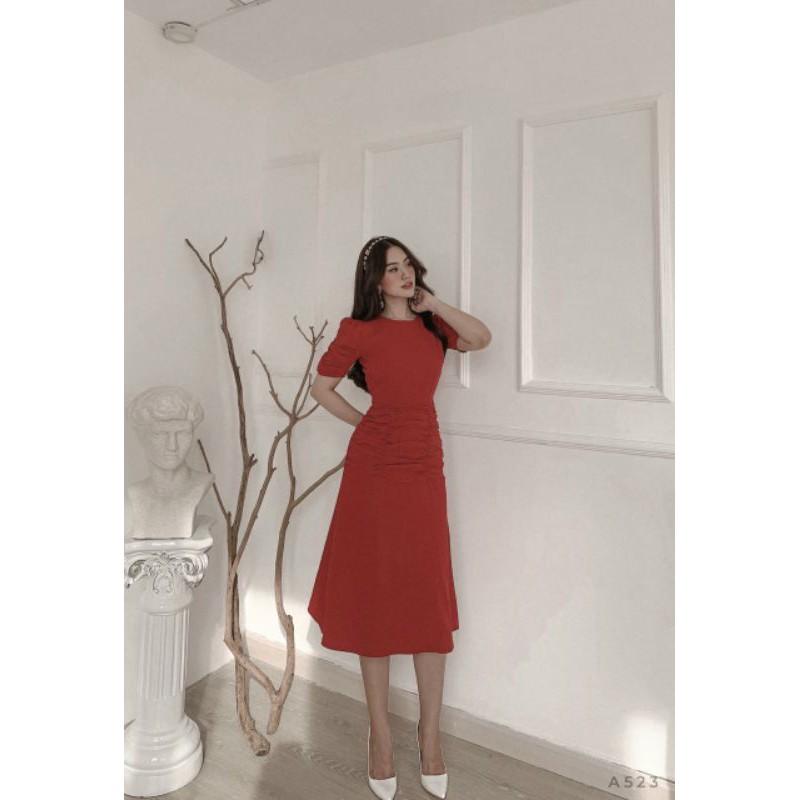 Đầm váy nữ đỏ midi nhún thân TKN