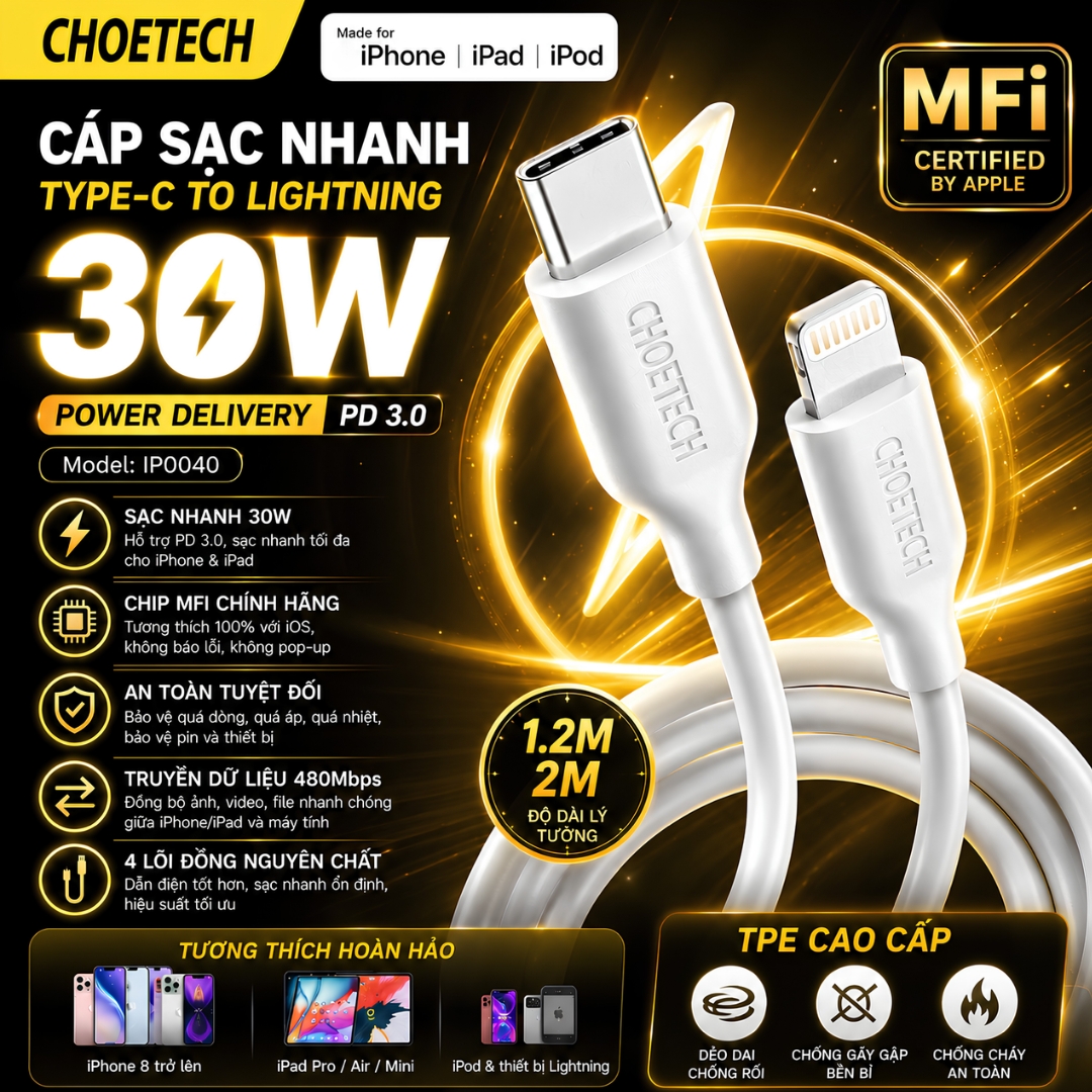 Dây cáp Sạc Nhanh MFi Type C to L(iP/iPad) 30W Choetech IP0040 – PD 3.0, Truyền Dữ Liệu 480Mbps, TPE Cao Cấp cho iphone 6 7 8 X Xs Max 11 12 13 14 Pro Max Plus Mini - Hàng nhập khẩu