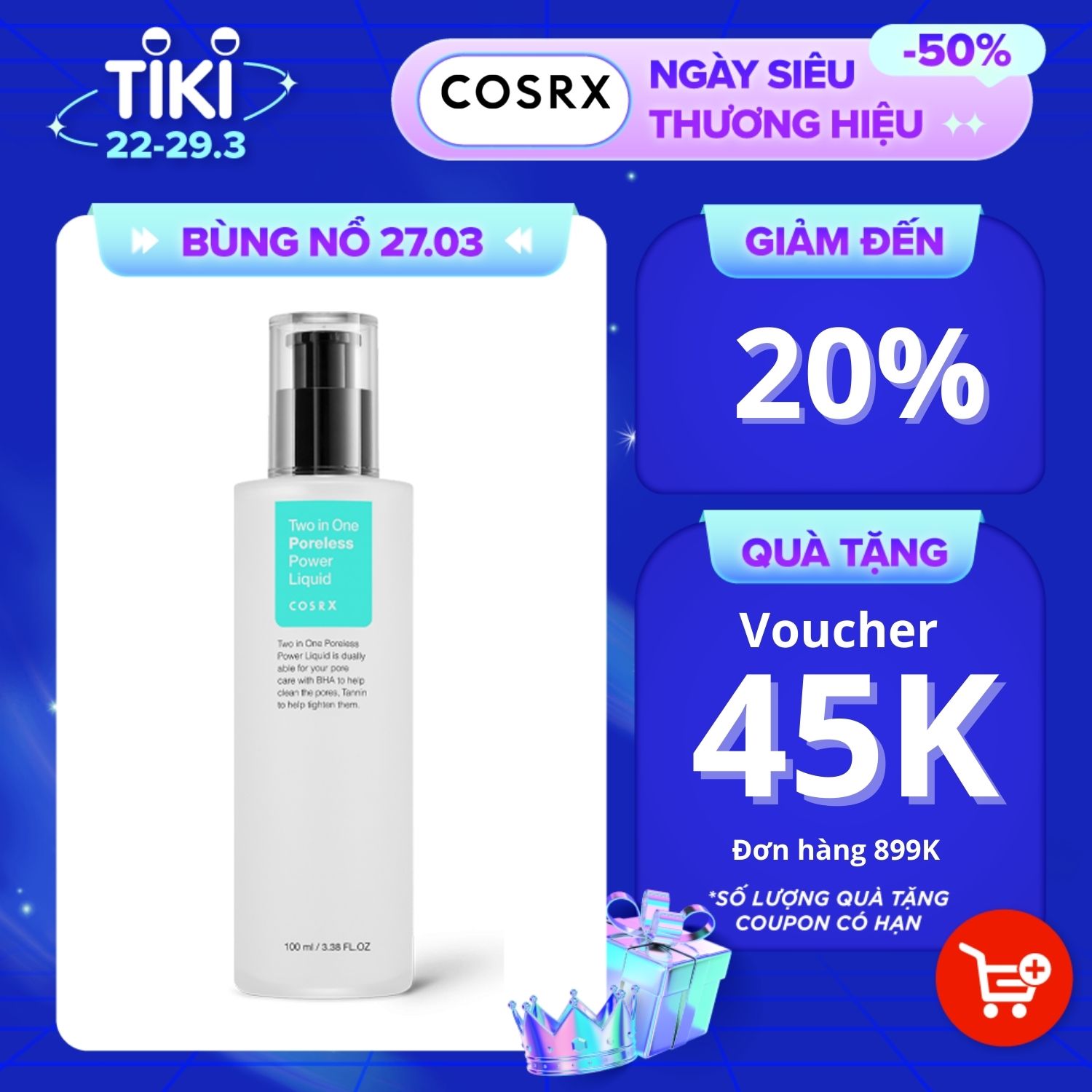 Nước Hoa Hồng Và Dưỡng Chất Cân Bằng Da, Se Khít Lỗ Chân Lông COSRX Two in One Poreless Power Liquid 100ml