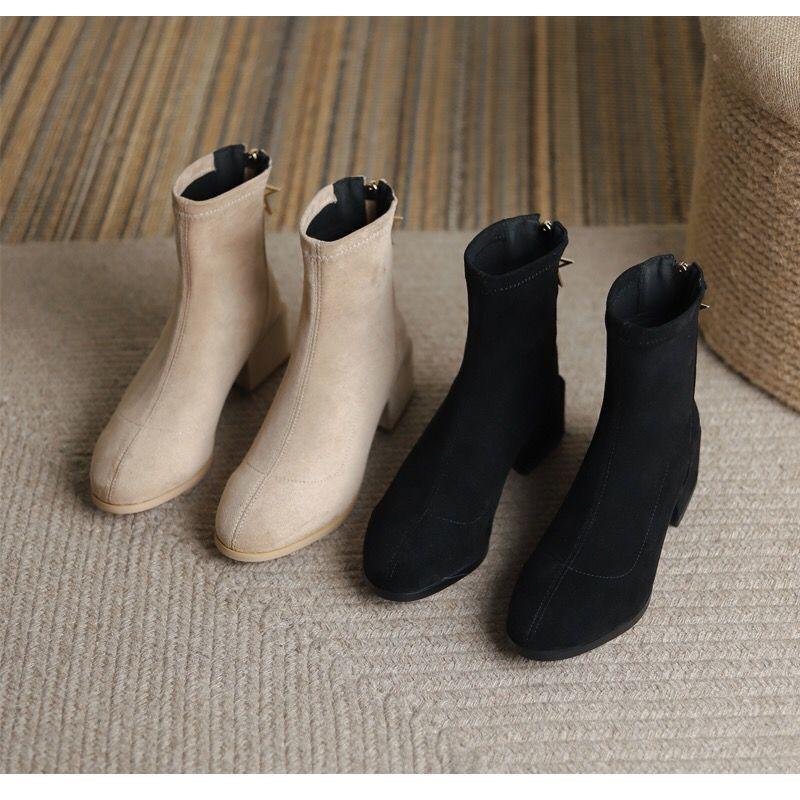 Giày Bốt Martin Mỏng Gót Dày Mũi Tròn Có Dây Kéo Sau Lưng Thời Trang Mới 2022 Cho Nữ