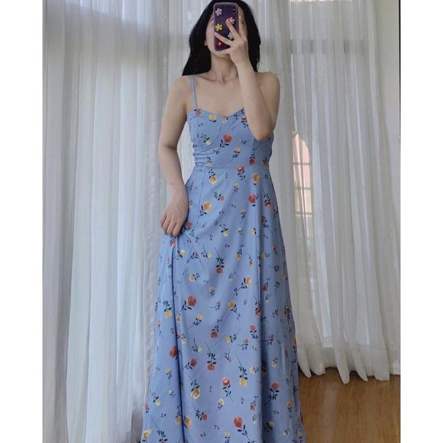 Váy thô hai dây hoa nhí xanh