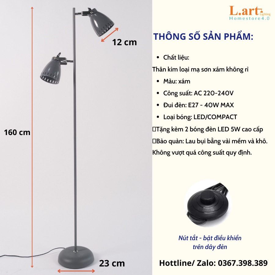 Đèn cây đứng 2 chụp màu xám - sơn tĩnh điện chống gỉ, chiếu sáng nhiều vị trí DCLA002