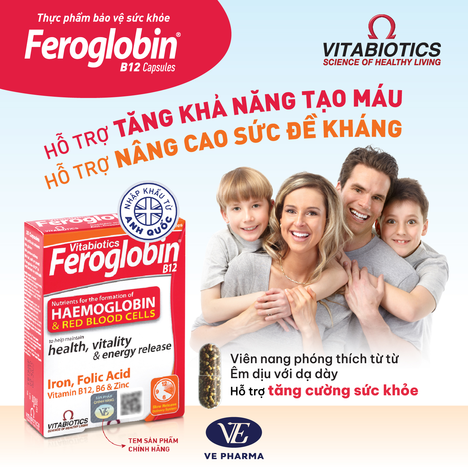 Viên Uống Bổ Máu Vitabiotics FEROGLOBIN B12 Cung Cấp Sắt Hỗ Trợ Tăng Khả Năng Tạo Máu, Nâng Cao Sức Đề Kháng Hộp 30 Viên