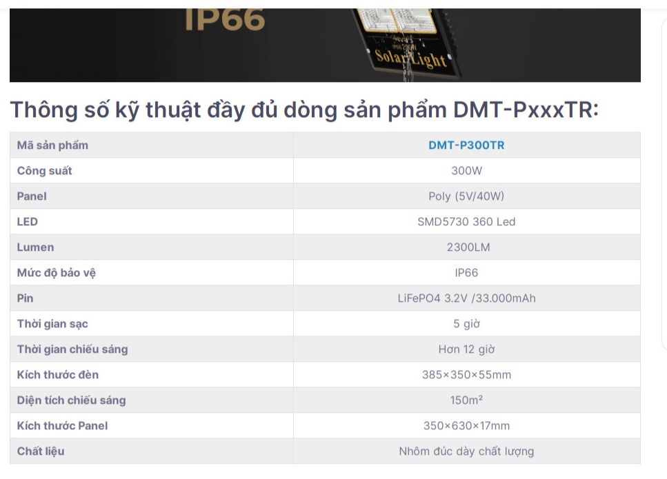 Đèn pha năng lượng mặt trời siêu sáng 300W DMT-P300TR