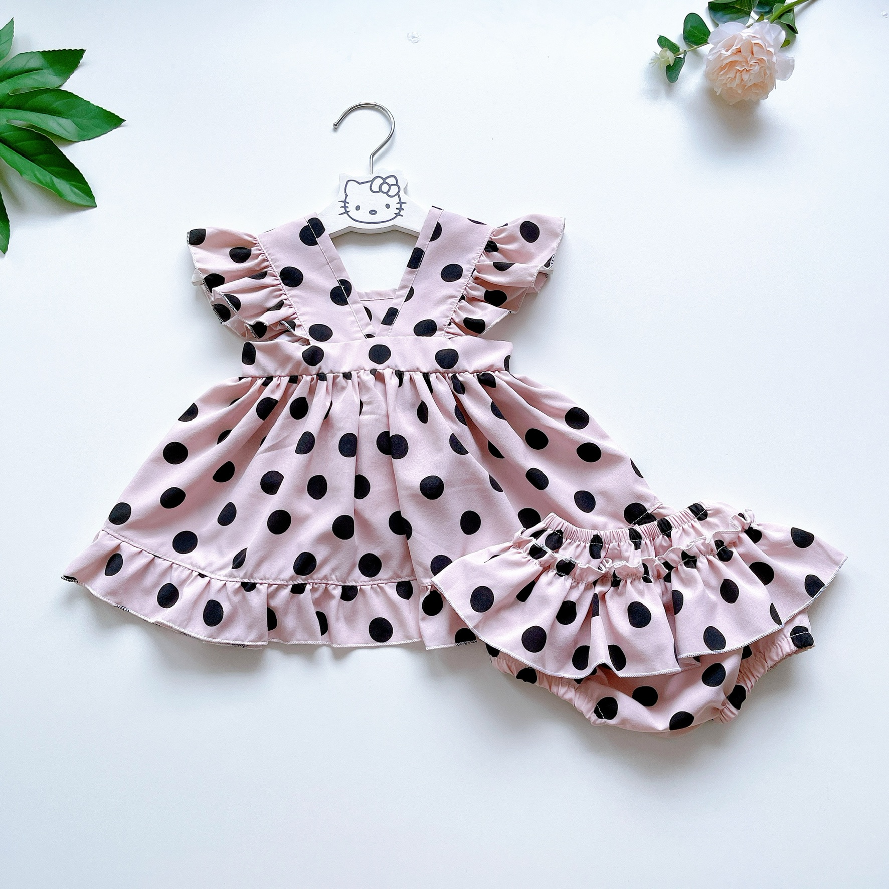 Bộ Váy Chấm Bi Bé Gái Sơ Sinh Đến 12kg, Đầm Lolita Bé Gái Chất Đũi + Lụa Mát Rượi