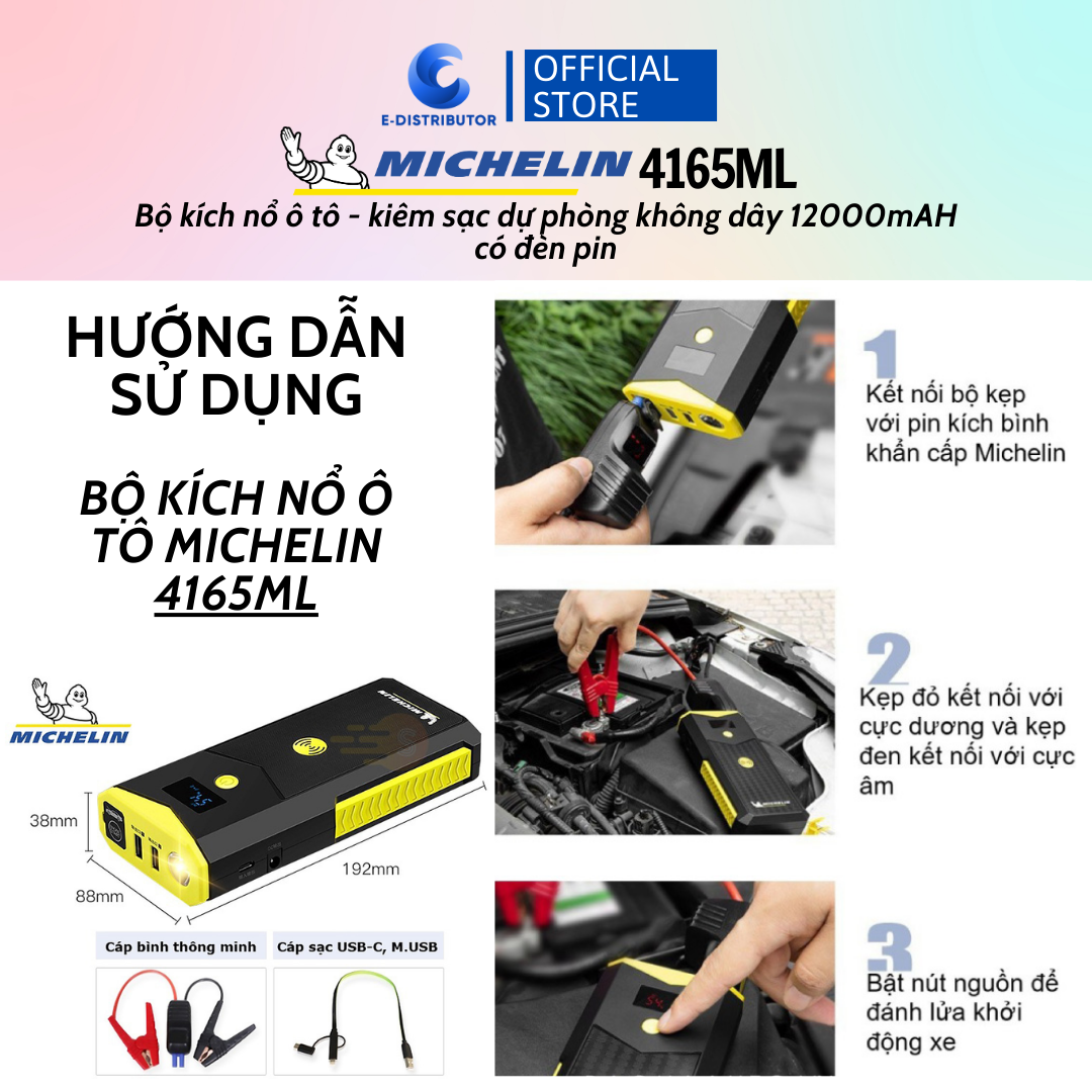 Bộ kích bình ô tô 750A - 1500A chuyên dụng kiêm sạc dự phòng 12000 mAh có đèn pin Michelin 4165ML - Hàng chính hãng