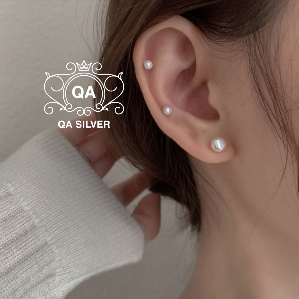 Bông tai bạc 925 ngọc trai nhân tạo khuyên nữ nụ trơn mini tròn tối giản S925 PEARL QA SILVER Earrings EA200801