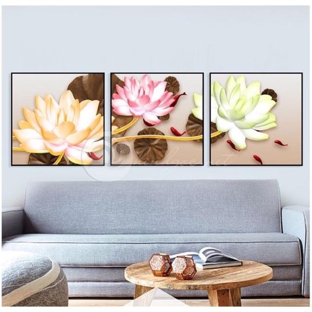 Tranh CANVAS mẫu 3 tấm hoa sen