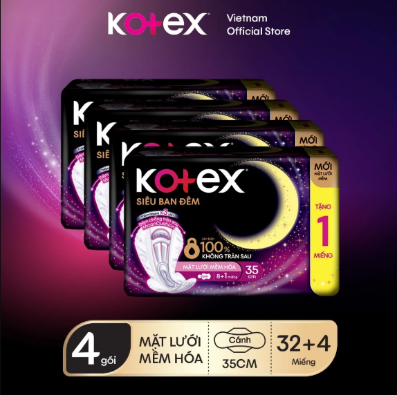 Combo 4 Gói Băng vệ sinh Kotex Siêu Ban Đêm Mới MẶT LƯỚI MỀM HÓA 35cm 8 miếng