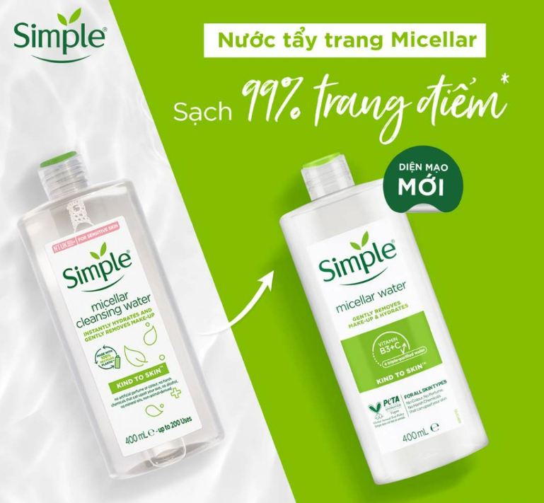 Combo 2 Nước tẩy trang Simple Micellar làm sạch 99% trang điểm, cho da thoáng mịn tức thì 400ml x2