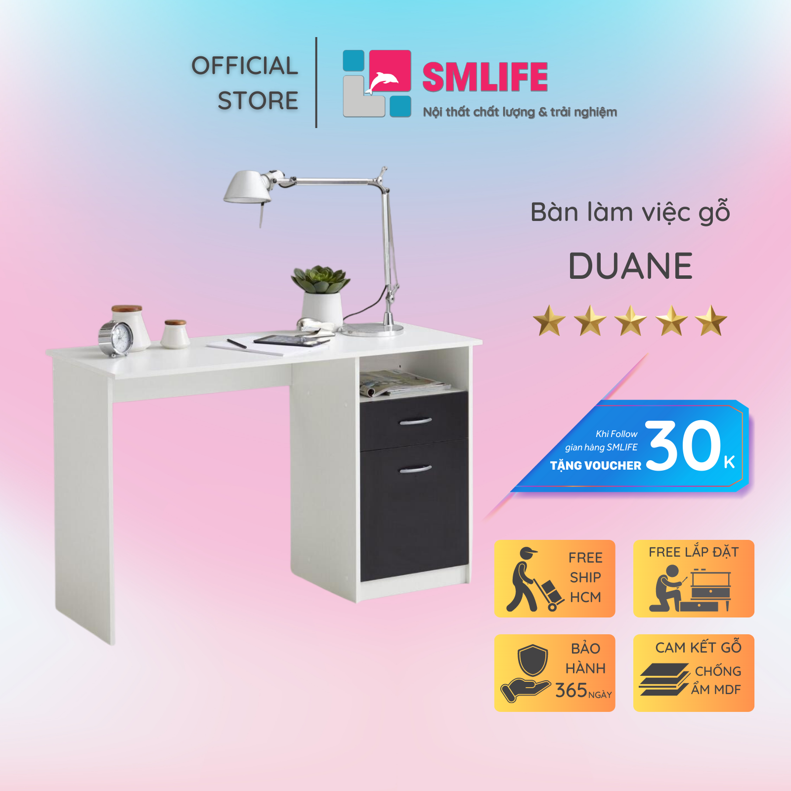 Bàn làm việc, bàn học gỗ hiện đại SMLIFE Duane | Gỗ MDF dày 17mm chống ẩm | D120xR60xC75cm