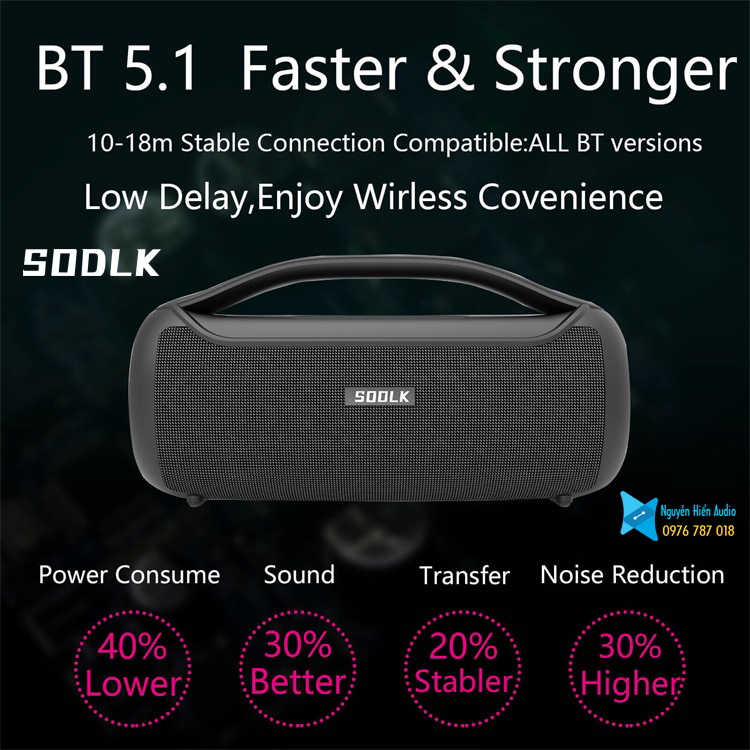 Loa SODLK T300 di động bluetooth 5.1 siêu trầm 100W, đèn RGB, công nghệ MaxxAudio DSP