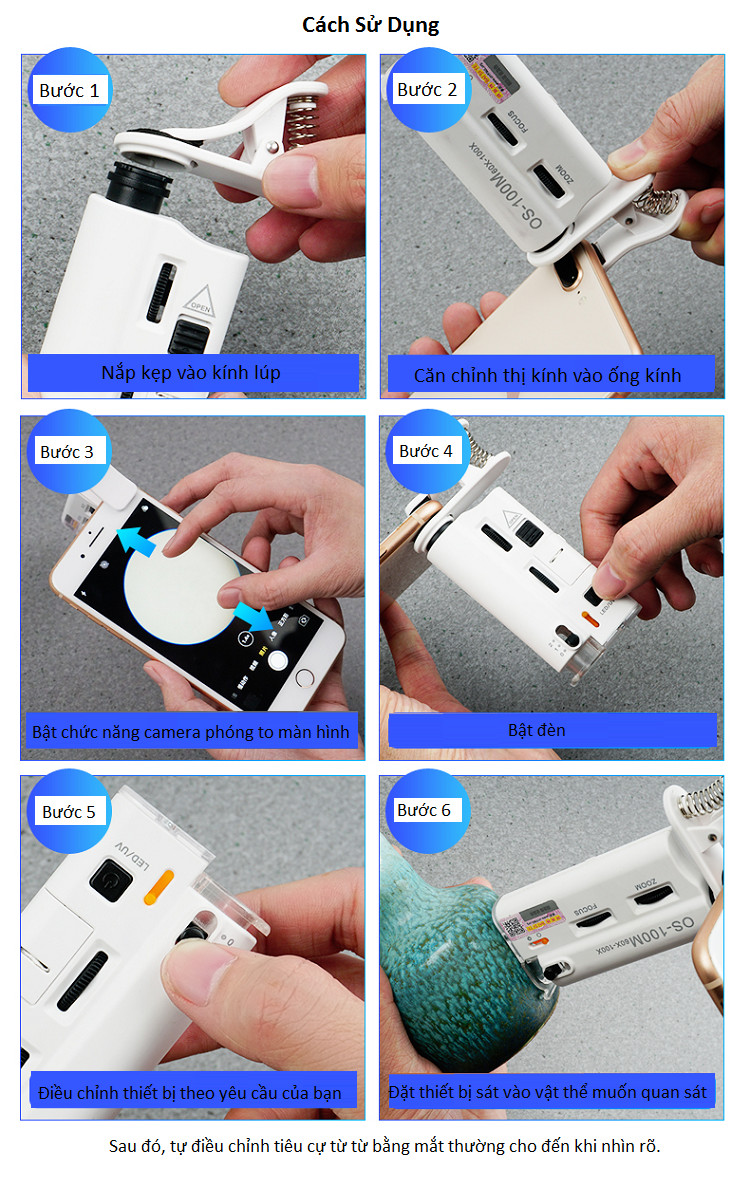 Kính lúp cầm tay kiêm kẹp smartphone tích hợp đèn trợ sáng phóng đại 60-100x ( Tặng 03 móc dán 3D chịu lực giao mẫu ngẫu nhiên )