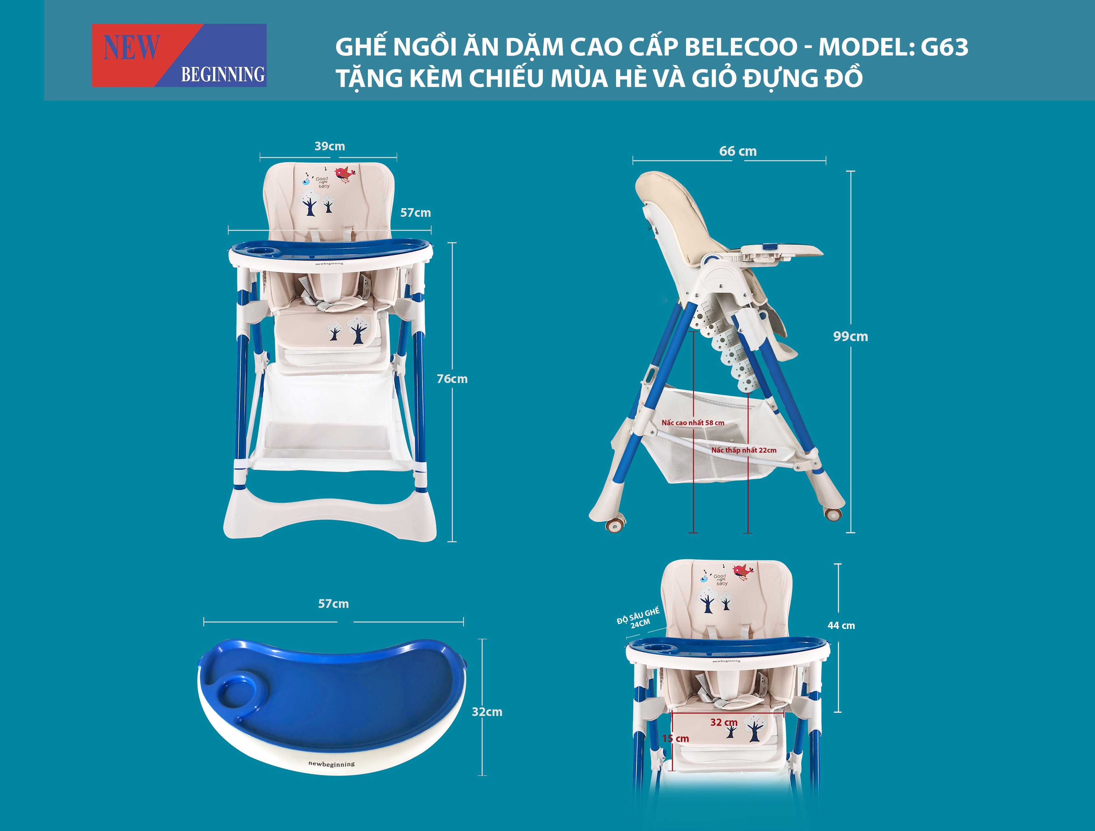 Ghế ăn dặm đa năng cho bé Belecoo có 7 mức nâng hạ độ cao, 3 chế độ ngả, dùng cho bé từ 1 tháng - 5 tuổi