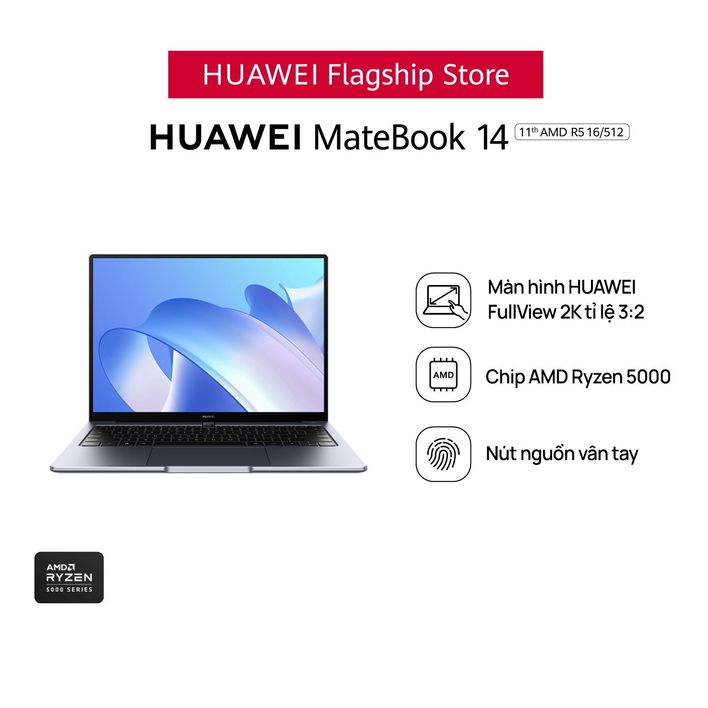 Laptop HUAWEI MateBook 14 | RAM 16GB/ROM 512GB | Chip AMD Ryzen 5000 | Màn Hình HUAWEI 3:2 Fullview 2K | Nút Nguồn Vân Tay | Hàng Chính Hãng